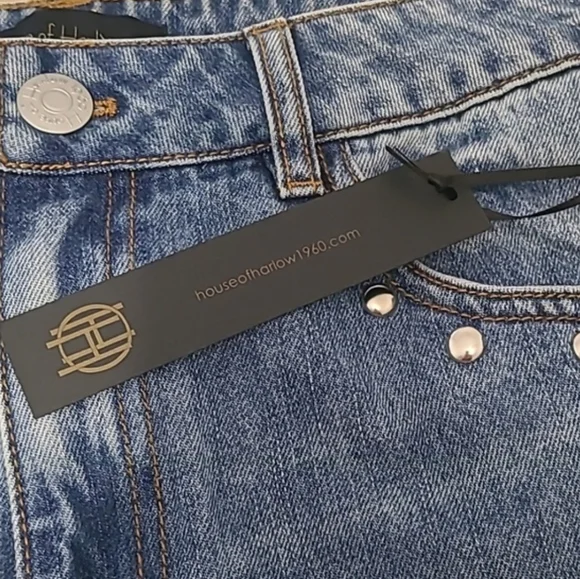 NWT HOUSE OF HARLOW 1960 Wide Leg High Waist Studded Blue Denim Jeans 6 - Picture 7 of 8